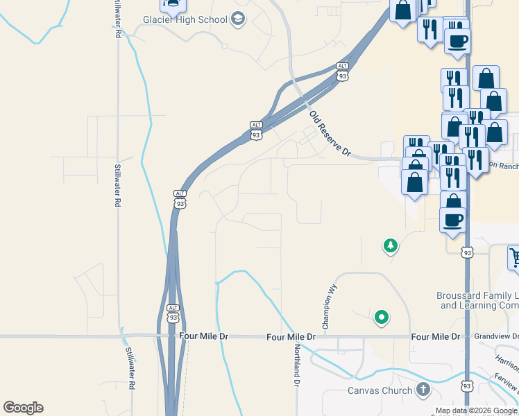 map of restaurants, bars, coffee shops, grocery stores, and more near Unnamed Rd in Kalispell