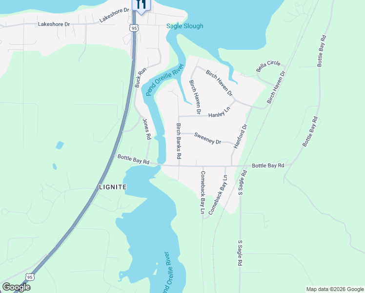 map of restaurants, bars, coffee shops, grocery stores, and more near 94 Birch Banks Road in Sagle