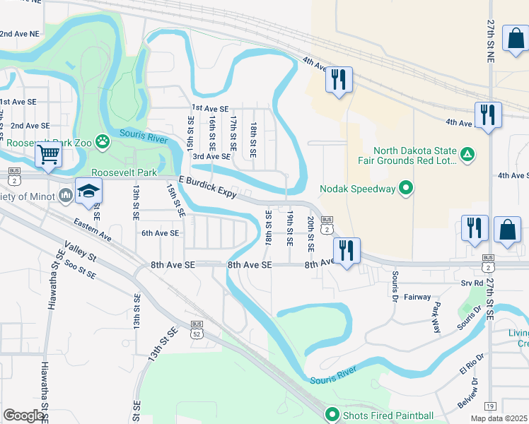 map of restaurants, bars, coffee shops, grocery stores, and more near 1738 18th Street Southeast in Minot