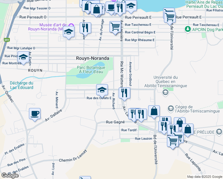 map of restaurants, bars, coffee shops, grocery stores, and more near 114 Rue Iberville Est in Rouyn-Noranda