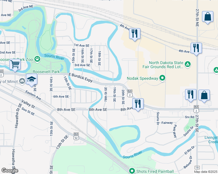 map of restaurants, bars, coffee shops, grocery stores, and more near 1738 18th Street Southeast in Minot