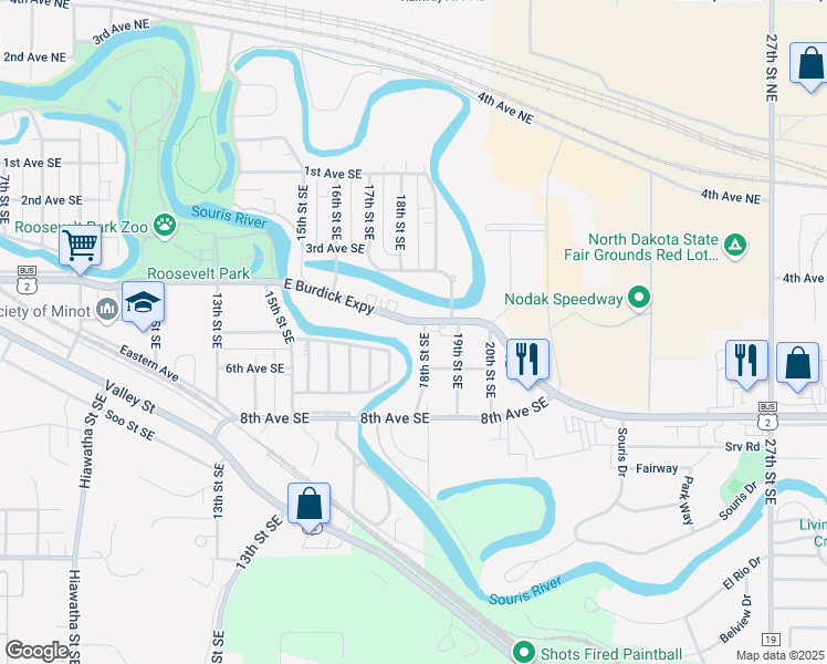 map of restaurants, bars, coffee shops, grocery stores, and more near 1738 East Burdick Expressway in Minot