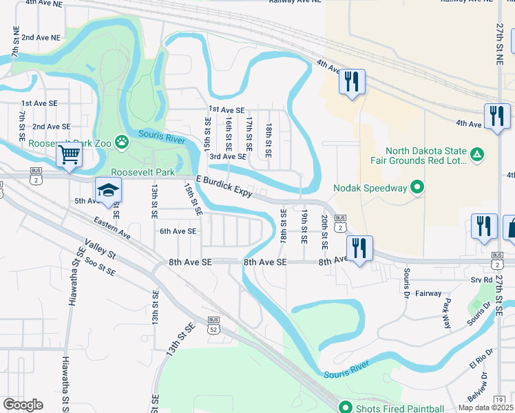 map of restaurants, bars, coffee shops, grocery stores, and more near 1704 East Burdick Expressway in Minot