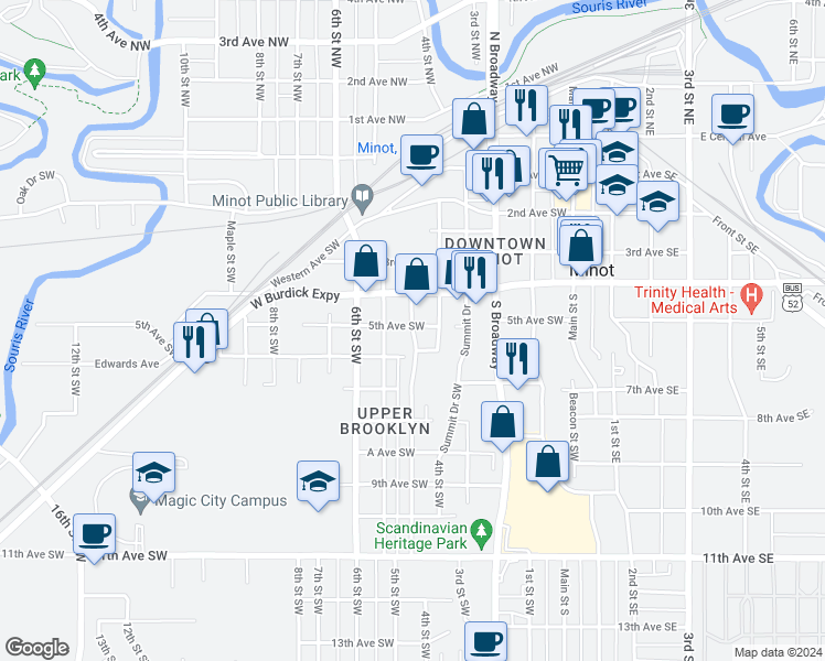 map of restaurants, bars, coffee shops, grocery stores, and more near 512 Park Street Southwest in Minot