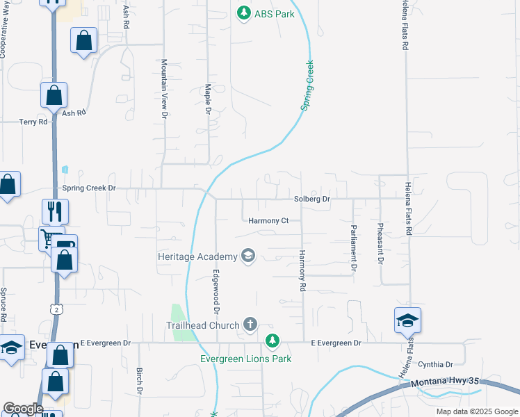 map of restaurants, bars, coffee shops, grocery stores, and more near 1095 Harmony Court in Kalispell