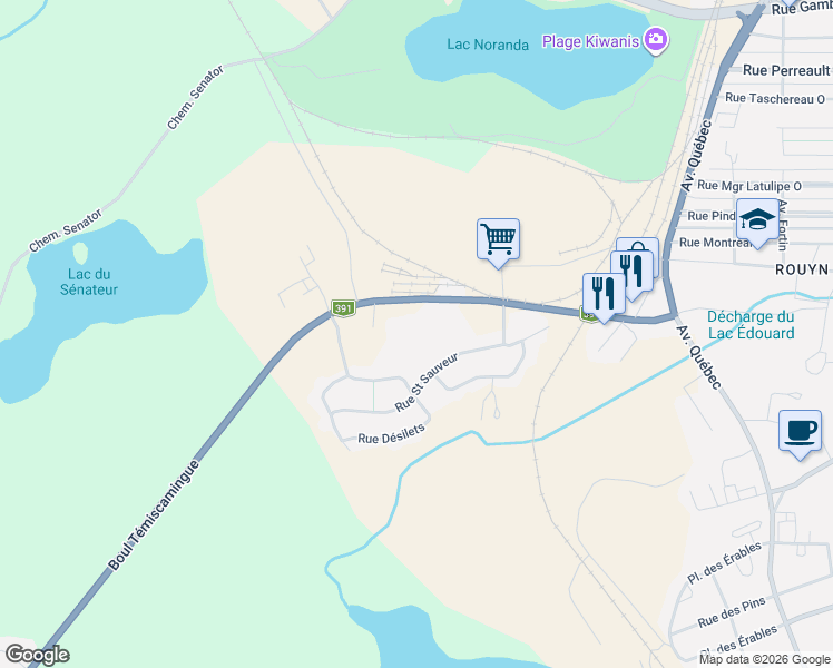 map of restaurants, bars, coffee shops, grocery stores, and more near 555 Boulevard Témiscamingue in Rouyn-Noranda