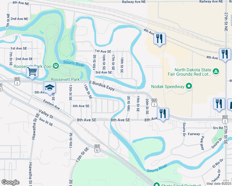 map of restaurants, bars, coffee shops, grocery stores, and more near 1704 East Burdick Expressway in Minot