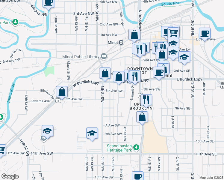map of restaurants, bars, coffee shops, grocery stores, and more near 512 Park Street Southwest in Minot