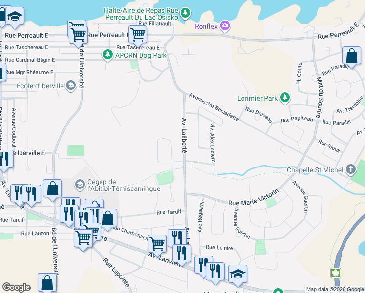 map of restaurants, bars, coffee shops, grocery stores, and more near 412 Avenue Laliberté in Rouyn-Noranda
