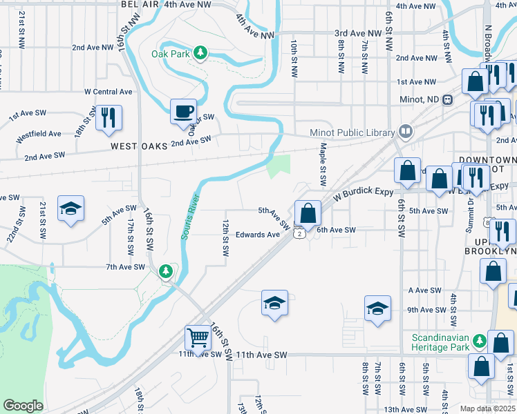 map of restaurants, bars, coffee shops, grocery stores, and more near 1022 6th Avenue Southwest in Minot