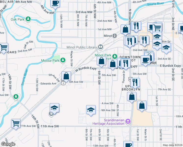 map of restaurants, bars, coffee shops, grocery stores, and more near 700 5th Avenue Southwest in Minot
