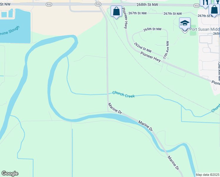 map of restaurants, bars, coffee shops, grocery stores, and more near 25915 Marine Drive in Stanwood