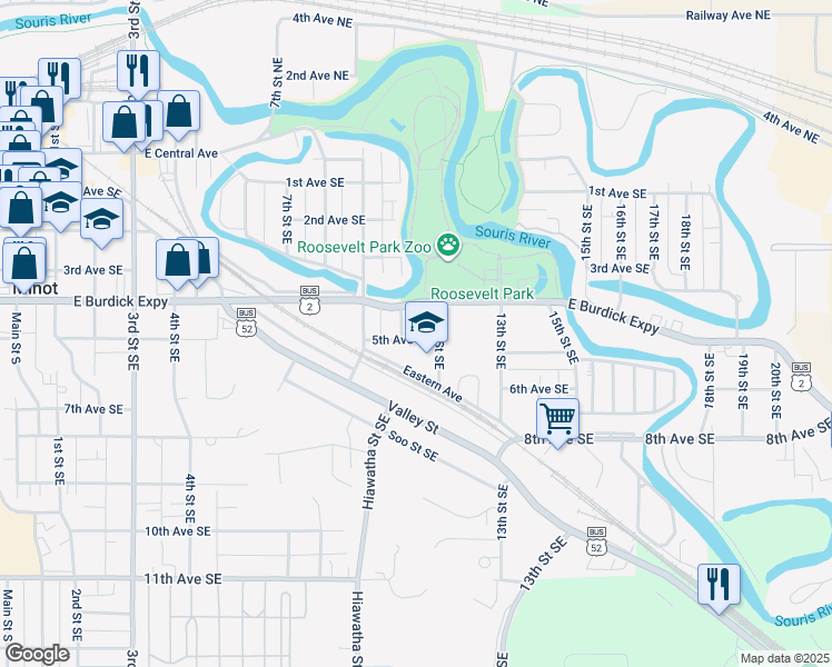 map of restaurants, bars, coffee shops, grocery stores, and more near 1000-1098 E Burdick Expy in Minot