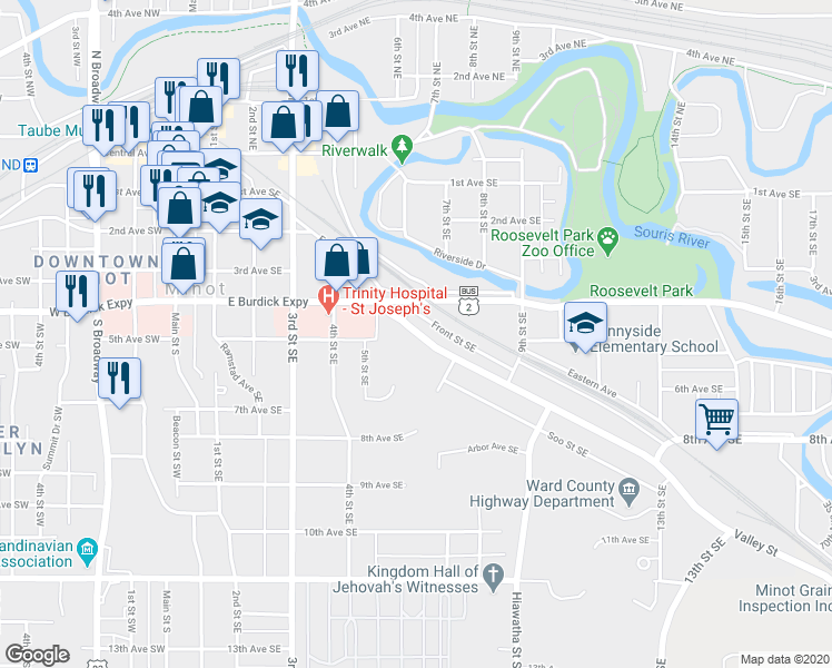 map of restaurants, bars, coffee shops, grocery stores, and more near 604 Valley Street in Minot