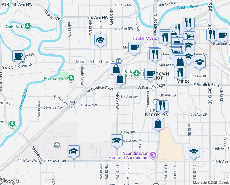map of restaurants, bars, coffee shops, grocery stores, and more near 500-598 West Burdick Expressway in Minot