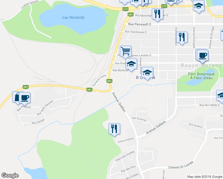 map of restaurants, bars, coffee shops, grocery stores, and more near 387 Avenue Québec in Rouyn-Noranda