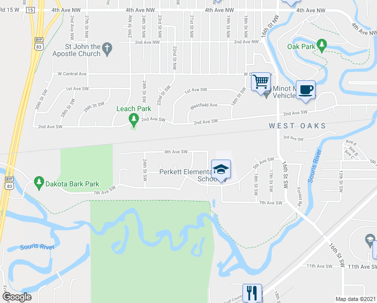 map of restaurants, bars, coffee shops, grocery stores, and more near 2208 4th Avenue Southwest in Minot