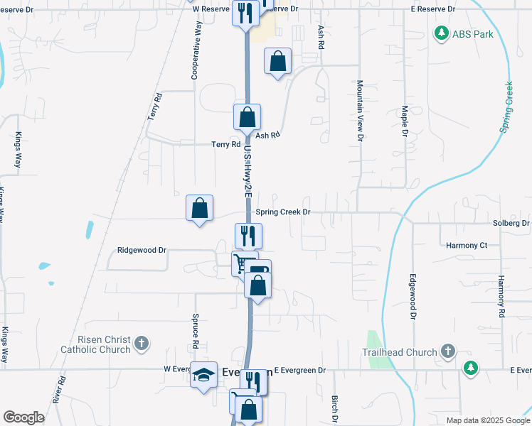 map of restaurants, bars, coffee shops, grocery stores, and more near 115 Spring Creek Drive in Kalispell