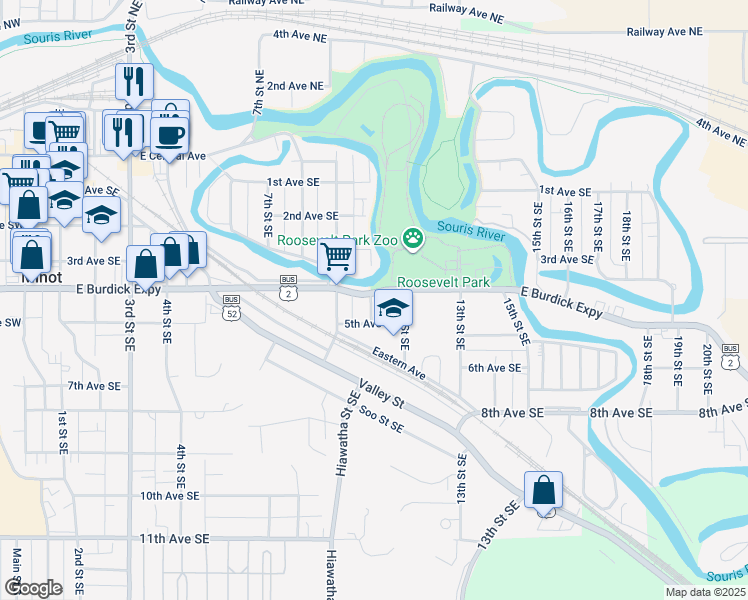 map of restaurants, bars, coffee shops, grocery stores, and more near 1000 East Burdick Expressway in Minot
