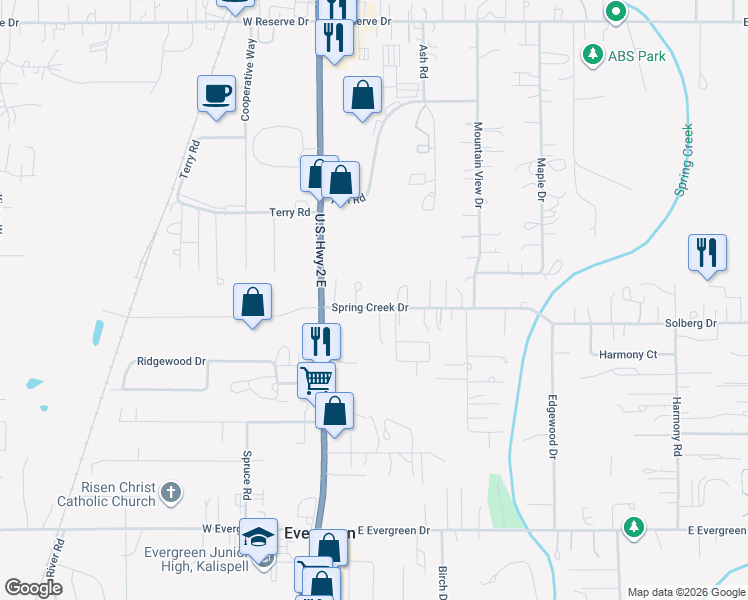 map of restaurants, bars, coffee shops, grocery stores, and more near 115 Spring Creek Drive in Kalispell