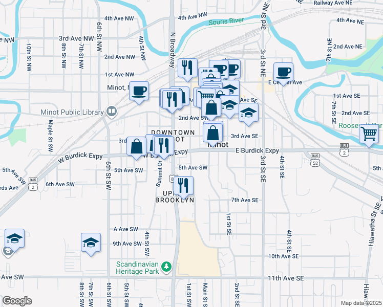 map of restaurants, bars, coffee shops, grocery stores, and more near 1 West Burdick Expressway in Minot