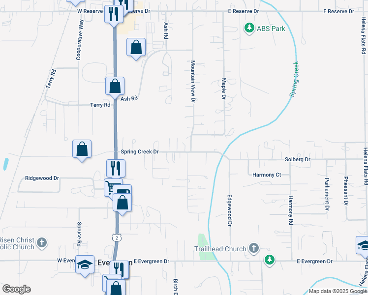 map of restaurants, bars, coffee shops, grocery stores, and more near 143 Spring Creek Drive in Kalispell