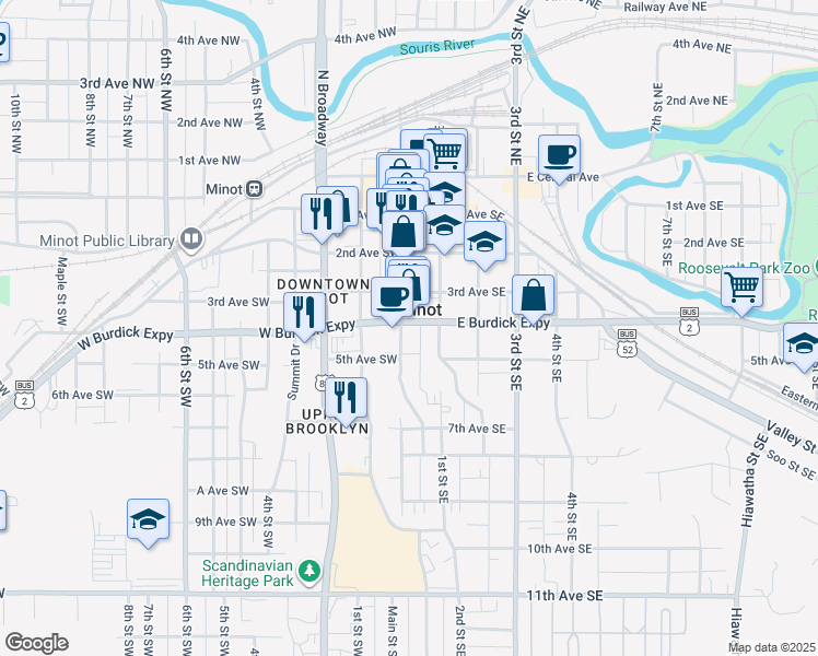 map of restaurants, bars, coffee shops, grocery stores, and more near in Minot