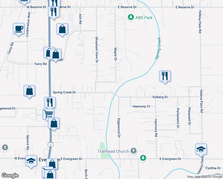 map of restaurants, bars, coffee shops, grocery stores, and more near 215 Spring Creek Drive in Kalispell
