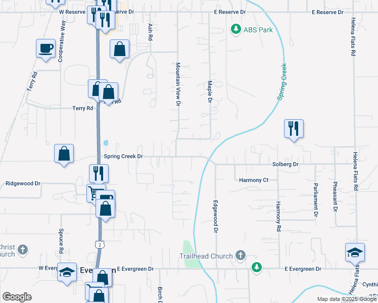 map of restaurants, bars, coffee shops, grocery stores, and more near 207 Spring Creek Drive in Kalispell