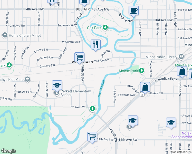 map of restaurants, bars, coffee shops, grocery stores, and more near 1505 3rd Avenue Southwest in Minot