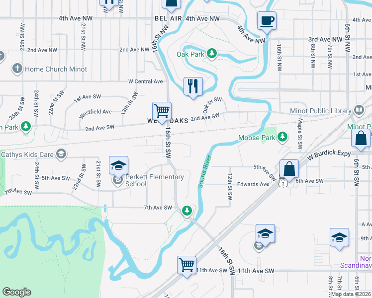 map of restaurants, bars, coffee shops, grocery stores, and more near 1505 3rd Avenue Southwest in Minot