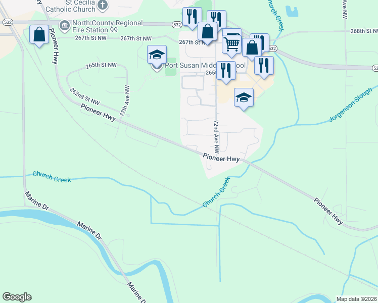 map of restaurants, bars, coffee shops, grocery stores, and more near 7400 Pioneer Highway in Stanwood