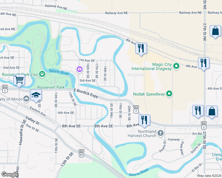 map of restaurants, bars, coffee shops, grocery stores, and more near 1810 3rd Avenue Southeast in Minot