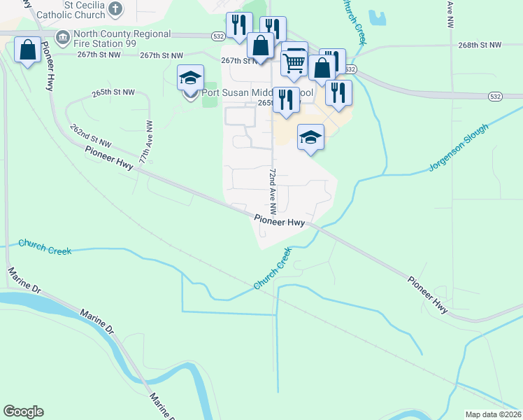 map of restaurants, bars, coffee shops, grocery stores, and more near 26020 72nd Avenue Northwest in Stanwood