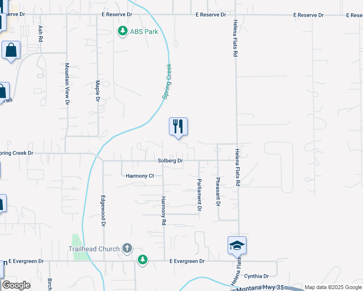 map of restaurants, bars, coffee shops, grocery stores, and more near 527 Solberg Drive in Kalispell