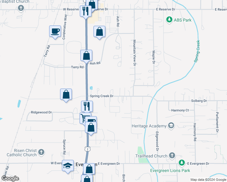 map of restaurants, bars, coffee shops, grocery stores, and more near 143-167 Spring Creek Drive in Evergreen