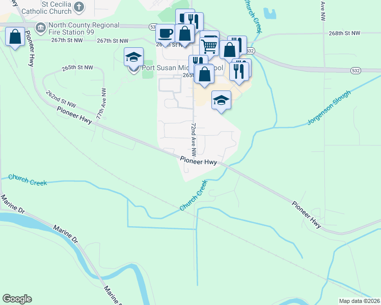 map of restaurants, bars, coffee shops, grocery stores, and more near 26020 72nd Avenue Northwest in Stanwood