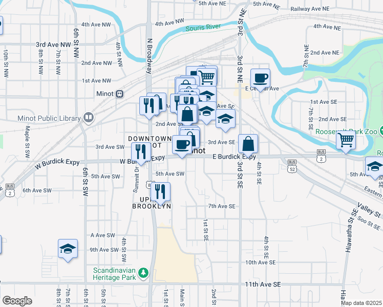 map of restaurants, bars, coffee shops, grocery stores, and more near in Minot