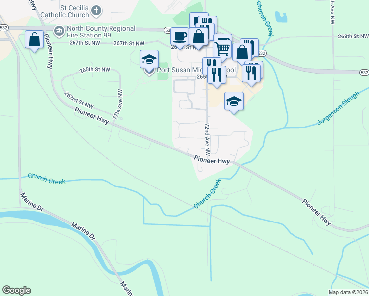 map of restaurants, bars, coffee shops, grocery stores, and more near 7400 Pioneer Highway in Stanwood