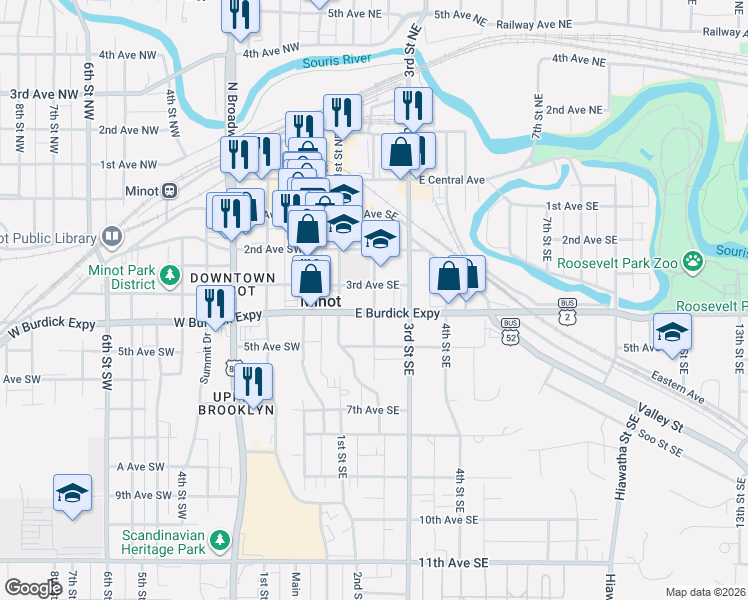 map of restaurants, bars, coffee shops, grocery stores, and more near 120 4th Avenue Southeast in Minot