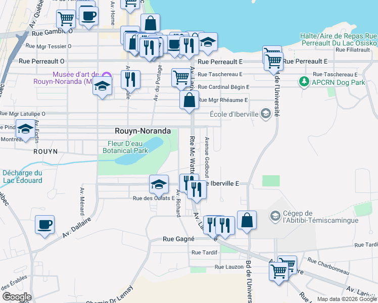 map of restaurants, bars, coffee shops, grocery stores, and more near 350 Avenue Larivière in Rouyn-Noranda