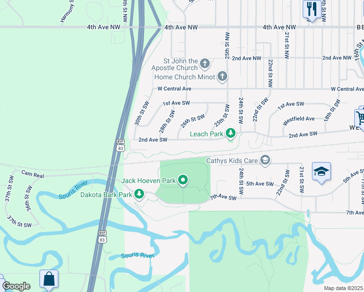 map of restaurants, bars, coffee shops, grocery stores, and more near 2529 2nd Avenue Southwest in Minot