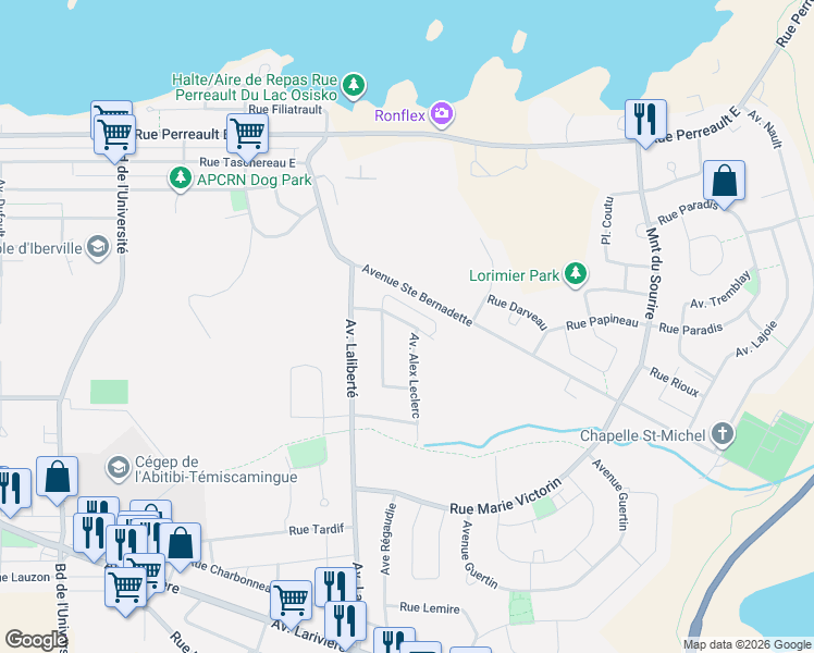 map of restaurants, bars, coffee shops, grocery stores, and more near 1017 Rue Martel in Rouyn-Noranda