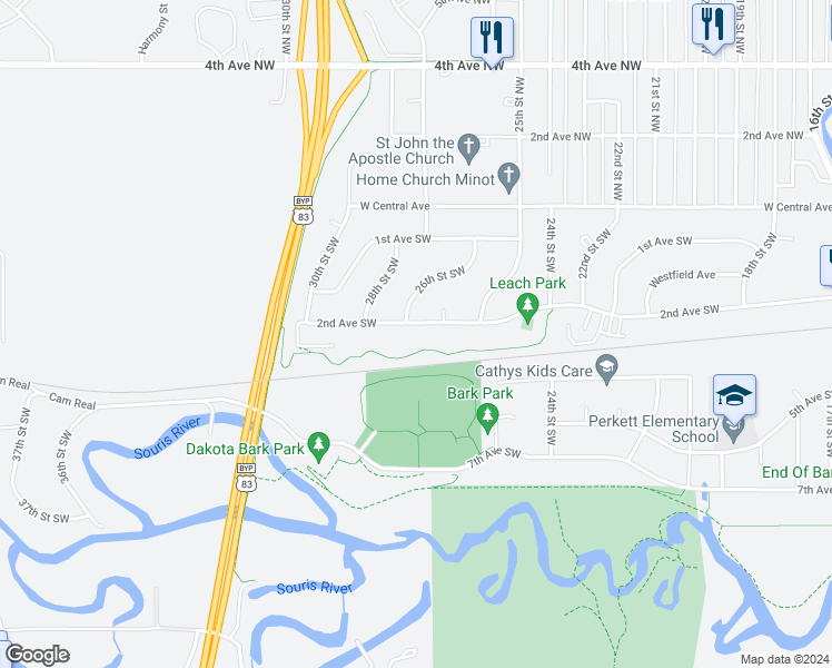 map of restaurants, bars, coffee shops, grocery stores, and more near 2529 2nd Avenue Southwest in Minot