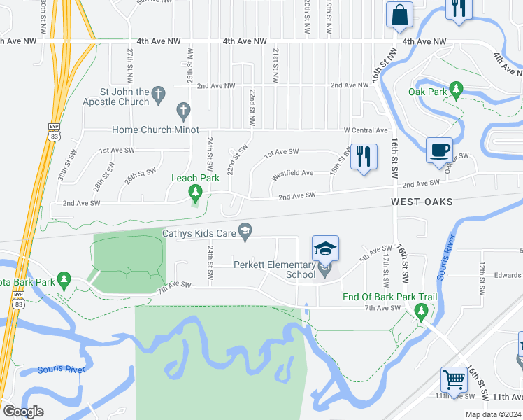 map of restaurants, bars, coffee shops, grocery stores, and more near 2208 4th Avenue Southwest in Minot