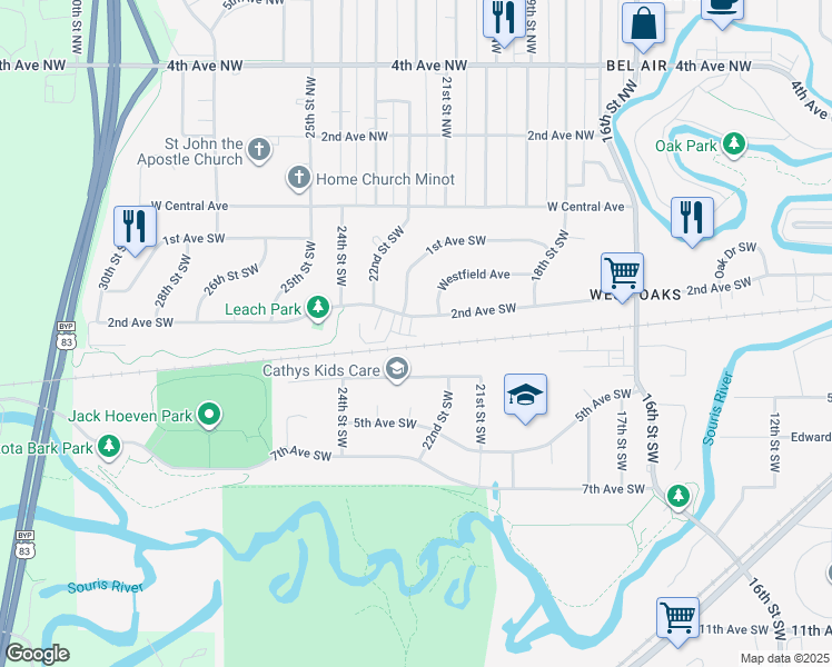 map of restaurants, bars, coffee shops, grocery stores, and more near 2208 4th Avenue Southwest in Minot
