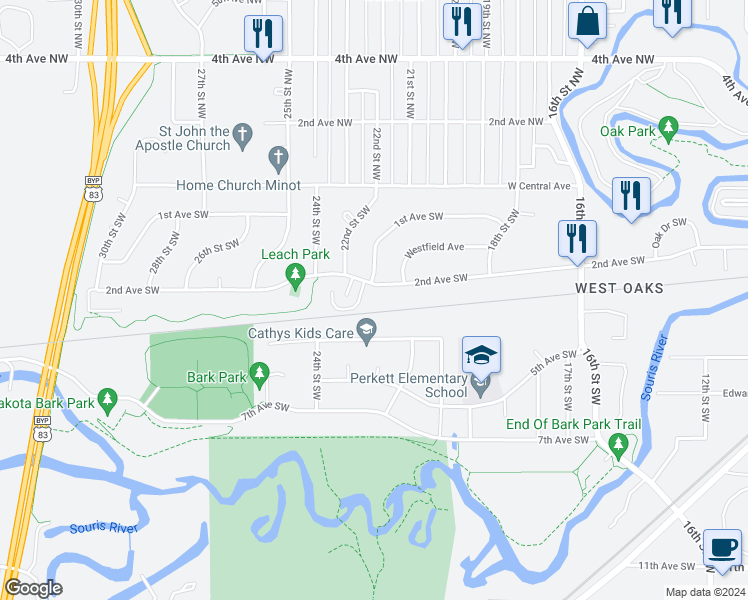map of restaurants, bars, coffee shops, grocery stores, and more near 2208 4th Avenue Southwest in Minot