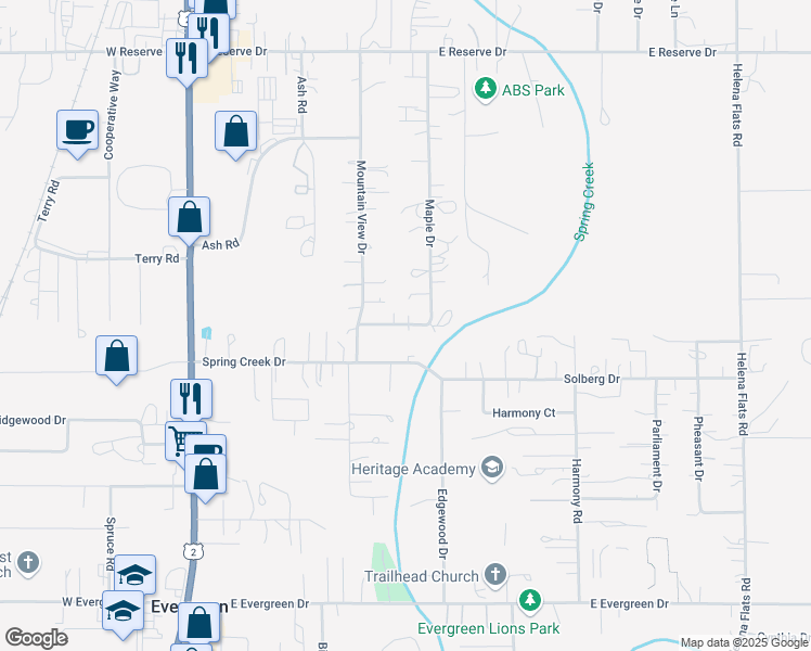 map of restaurants, bars, coffee shops, grocery stores, and more near 215 Spring Creek Drive in Kalispell