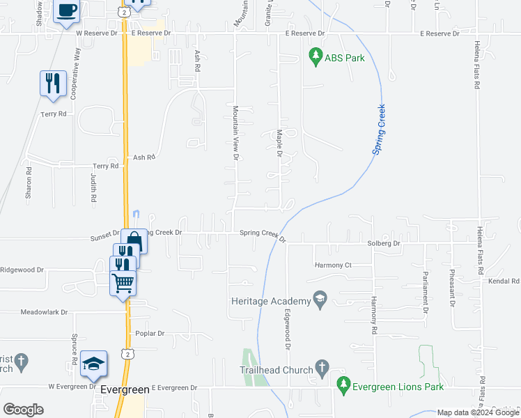 map of restaurants, bars, coffee shops, grocery stores, and more near 207 Spring Creek Drive in Kalispell