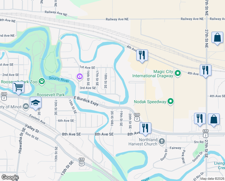 map of restaurants, bars, coffee shops, grocery stores, and more near 1810 3rd Avenue Southeast in Minot